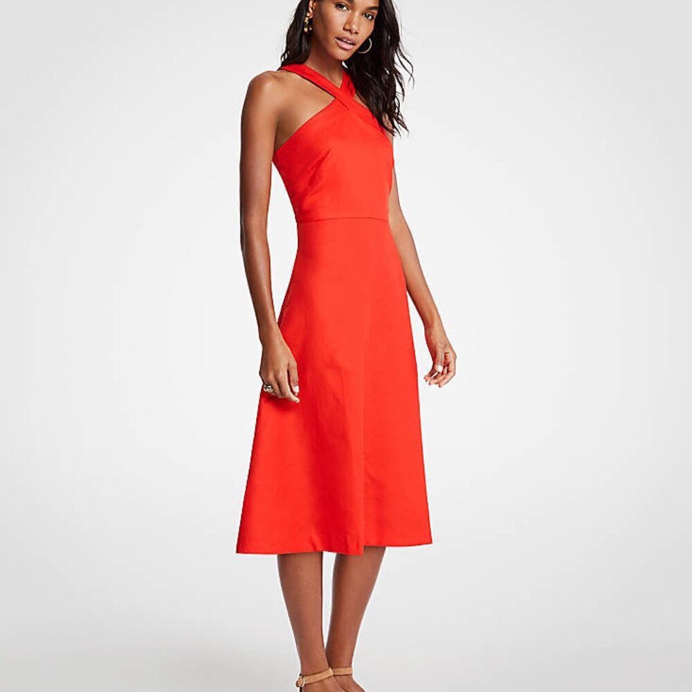 NWT ANN TAYLOR Red Linen Molten Lava Cross Neck Halter Dress 18